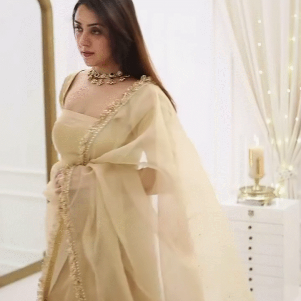 ✨ Classic Fawn Stone Embellished Saree – A Perfect Blend of Grace and Glamour ✨