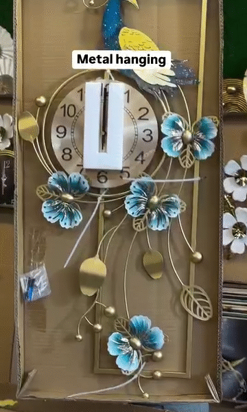 Peacock Flowers Designer Wall Clock – 47 x 21 Inches | Artistic Home Décor with Elegant Metallic Finish