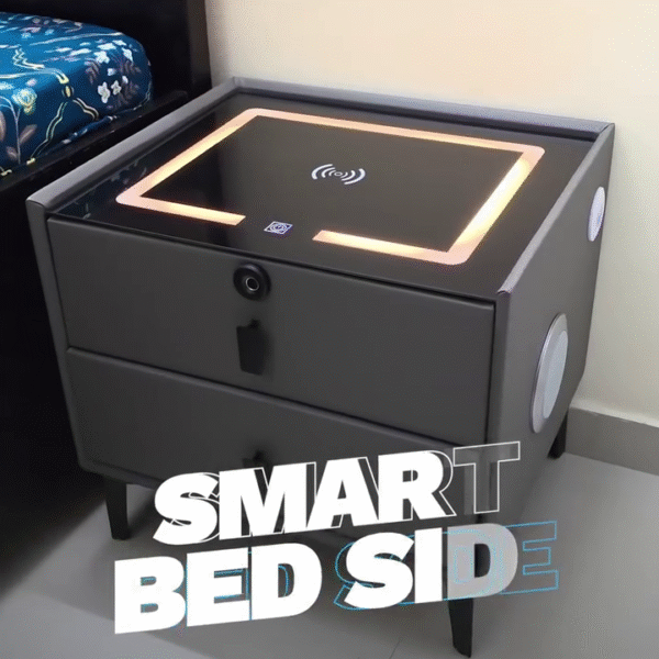 Smart Bedside Table with Wireless Charging, USB-C, Bluetooth Speaker & LED Lights – Modern Wooden Nightstand with 3 Storage Drawers