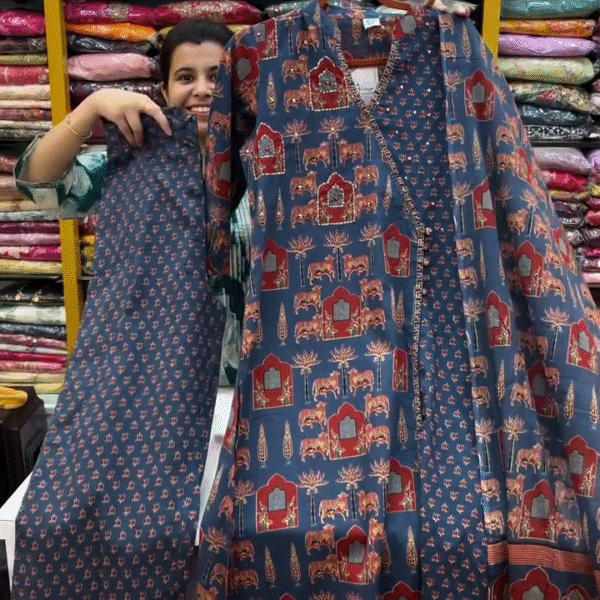 Printed Gotta Patti Pure Cotton Anarkali Kurta with Trousers & Dupatta