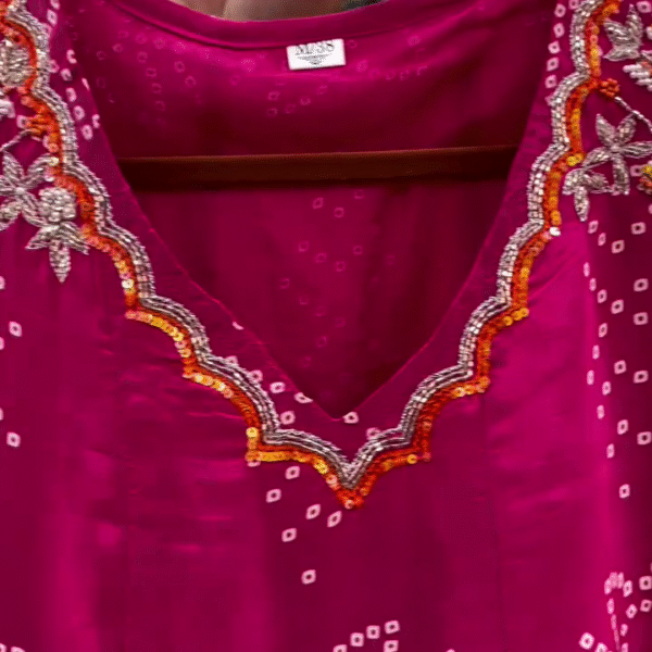 New Rani-Pink Silk Handwork Kurti-Pant With Dupatta