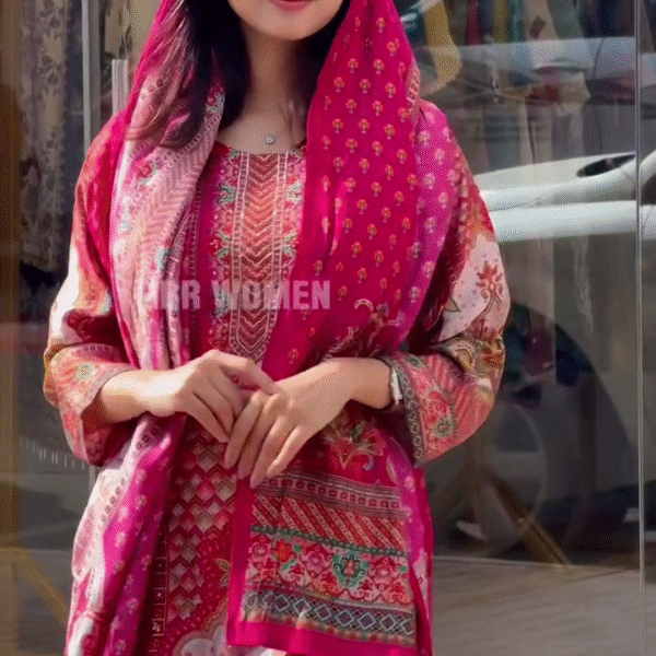 New Superb Pink Color Maslin Embroidery Printed Mirror Salwar Suit Set