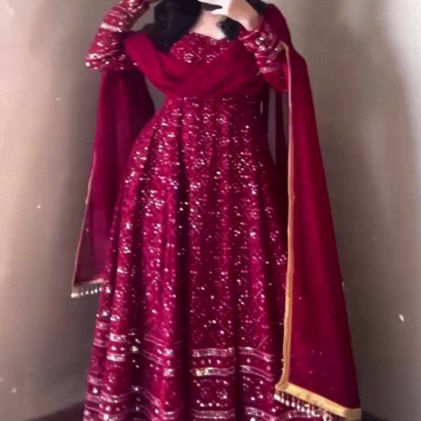 Women’s Embroidered Pure Silk Gown Kurta (Red) – A Statement of Royal Elegance