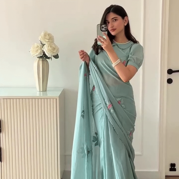 🌸 Elegant Pastel Blue Floral Saree – Soft & Sophisticated