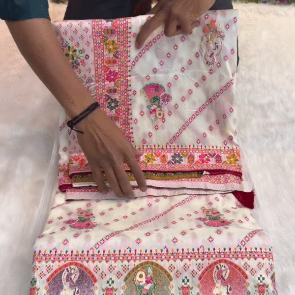 🌸 Traditional White Navratri Special Saree with Colorful Border 💃🎉