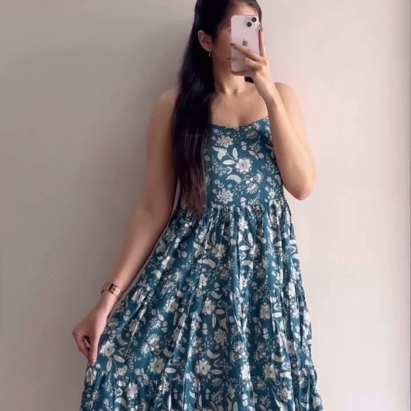Navy Blue Floral Printed Midi Dress with Puff Sleeves – Casual & Semi-Formal Wear