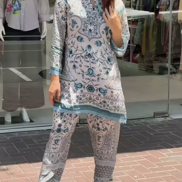 Elegant White & Teal Printed Cotton Kurta Set