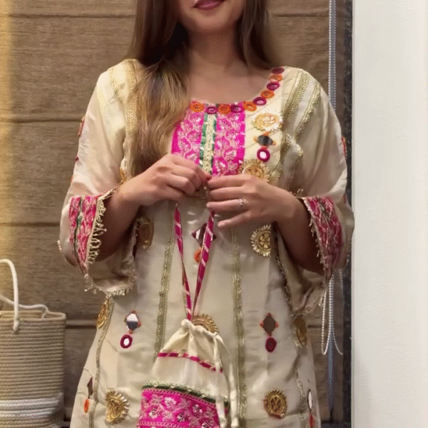 Cream Silk Mirror-Work Kurta Set with Potli Bag
