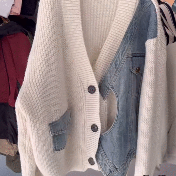 Knit Cardigan with Denim Patch Accents